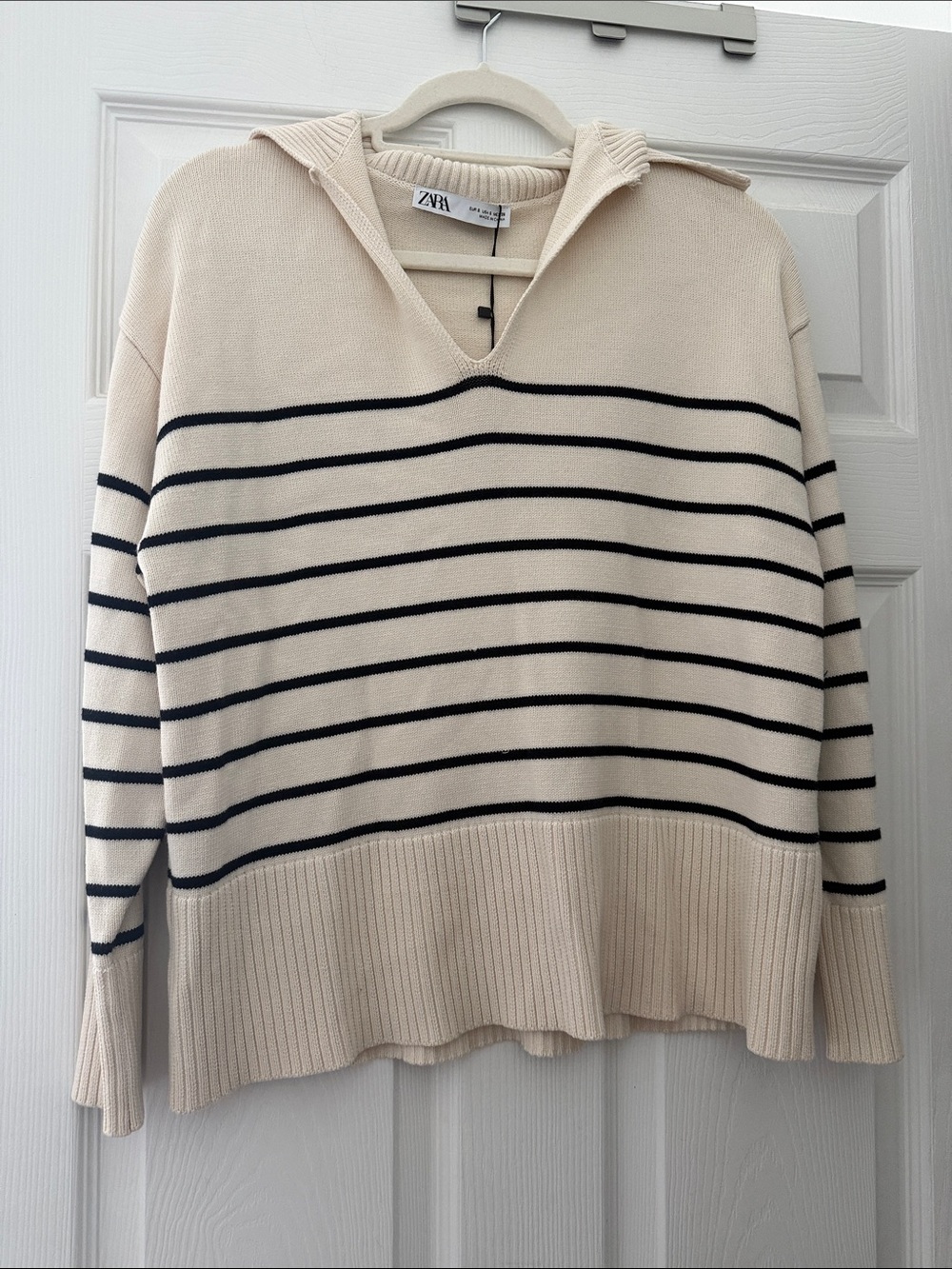 Zara Cream and Navy Striped V-Neck Sweater with Hooded Collar
